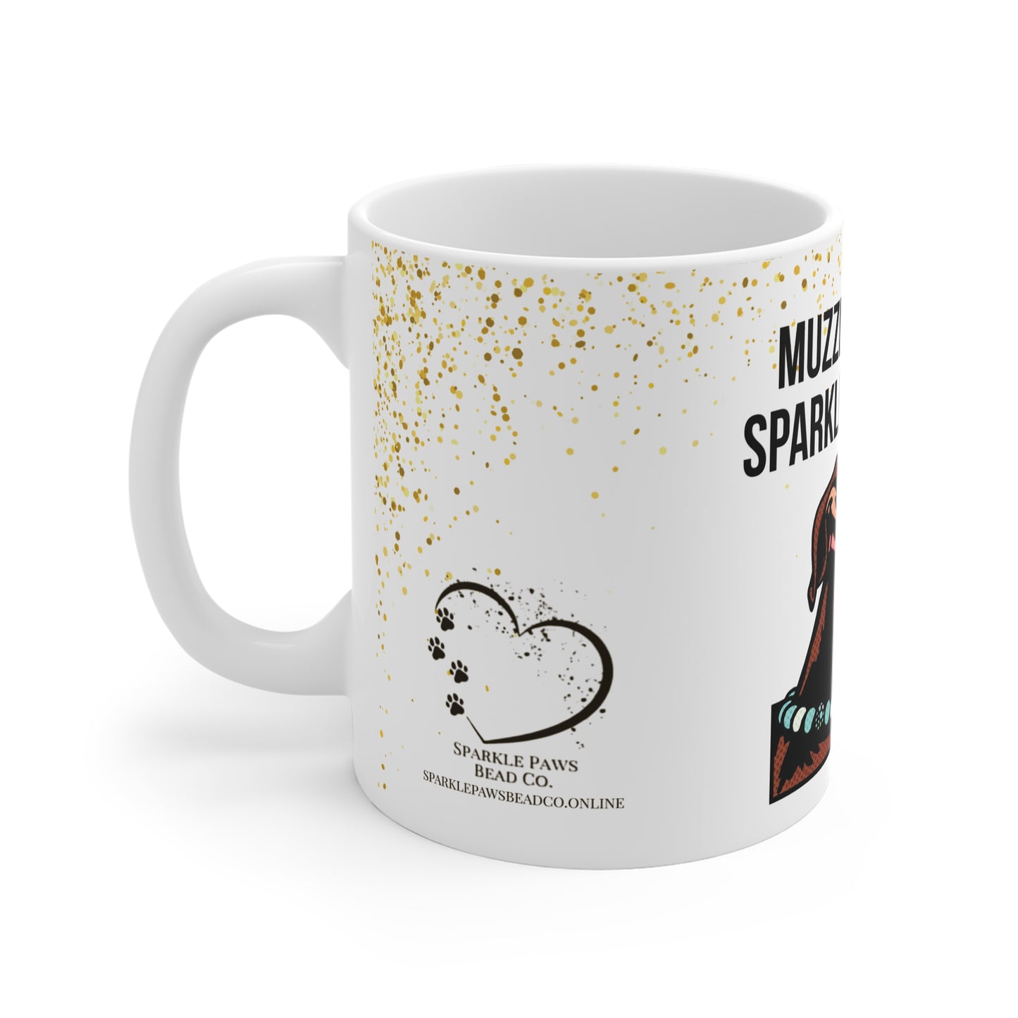 Muzzled by Law, Sparkled by Choice Mug – 11oz White Ceramic Coffee Cup | Dog Awareness Gift by Sparkle Paws Bead Co