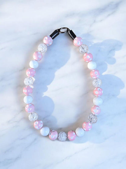 Pink Polka Beaded Dog Collar – Handmade Custom Dog Necklace – Cute Polka Dot Pet Accessory for Small to Large Dogs