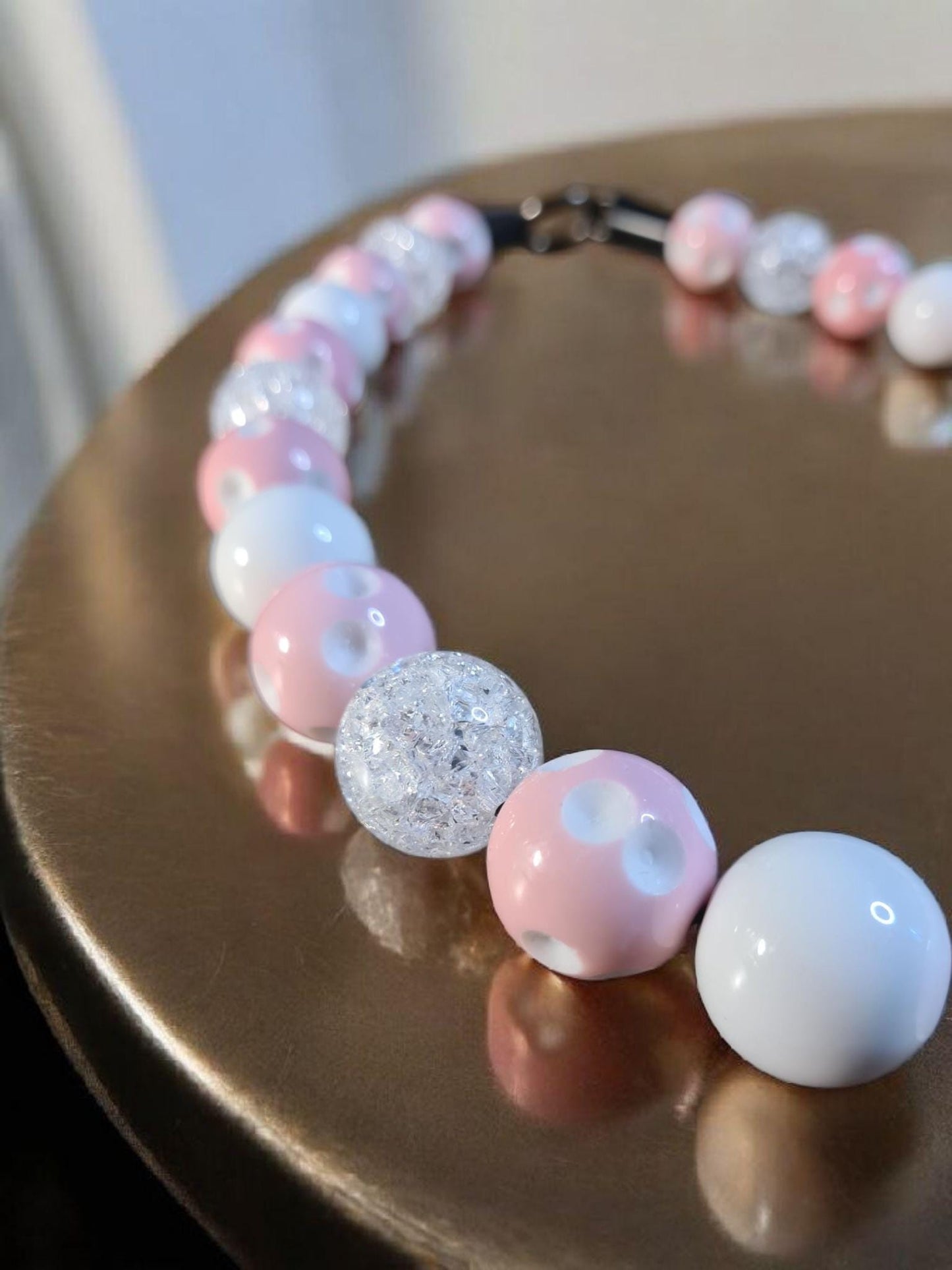 Pink Polka Beaded Dog Collar – Handmade Custom Dog Necklace – Cute Polka Dot Pet Accessory for Small to Large Dogs