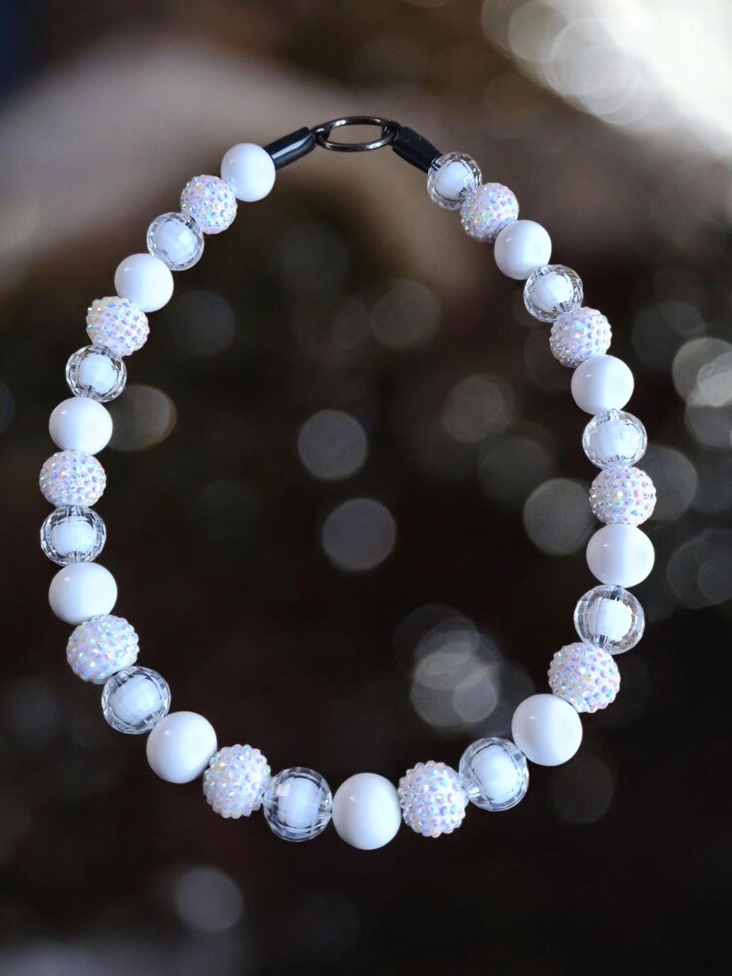 Aura White Beaded Dog Collar – Iridescent Handmade Pet Necklace – Sparkly Custom Collar for Small to Large Dogs