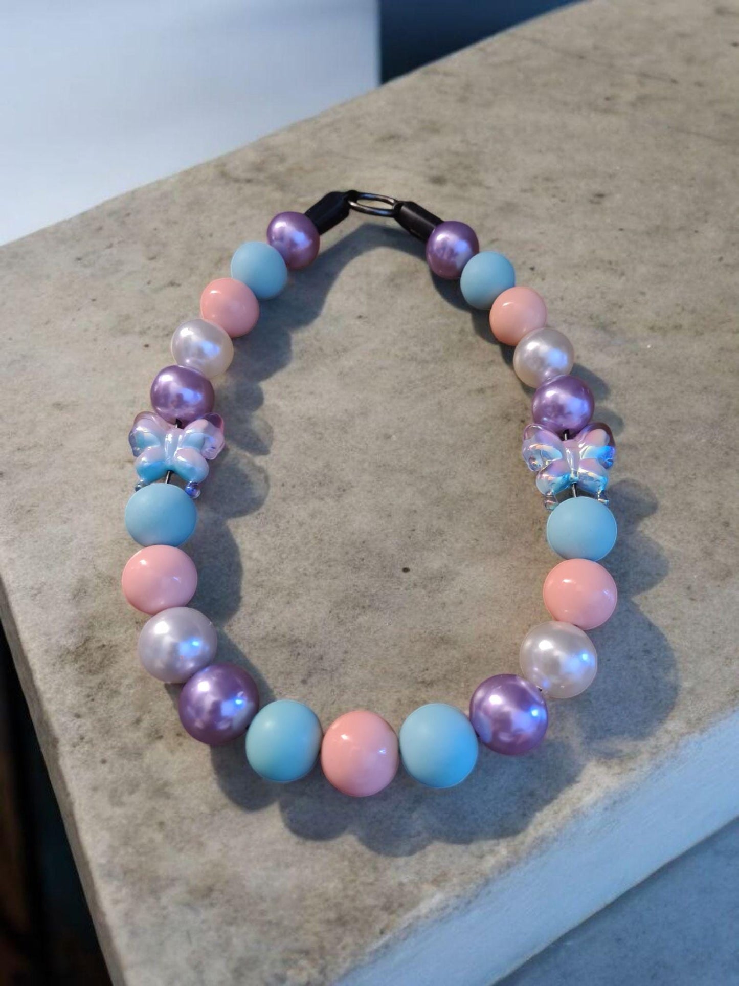 Flutterpop Beaded Dog Collar – Handmade Pastel Butterfly Dog Necklace – Pearl Pet Accessory for Small to Large Dogs - Beaded Dog Collar