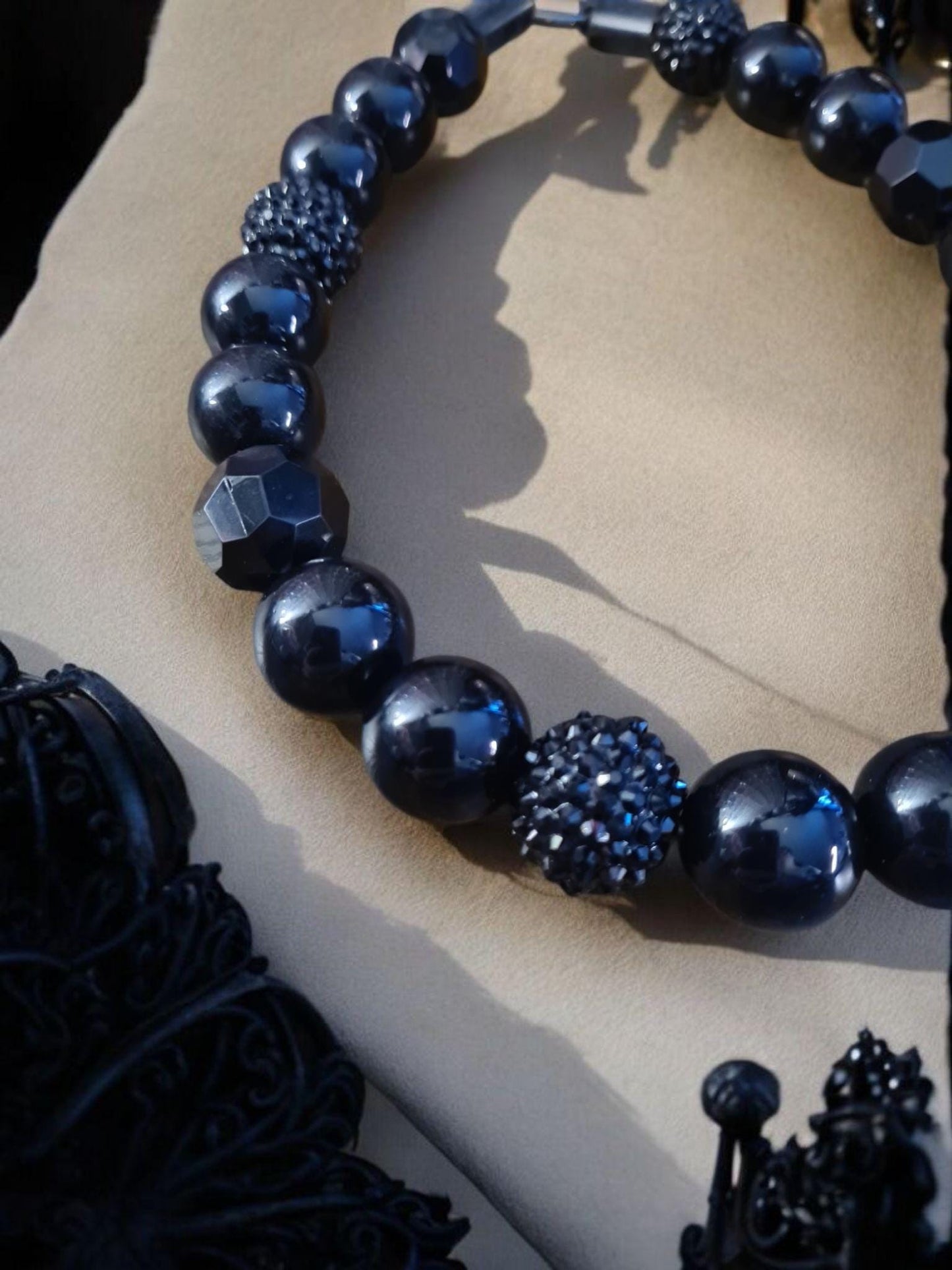 Onyx Beaded Dog Collar – Handmade All Black Dog Necklace – Custom Monochrome Pet Accessory for Small to Large Dogs - Beaded Dog Collar