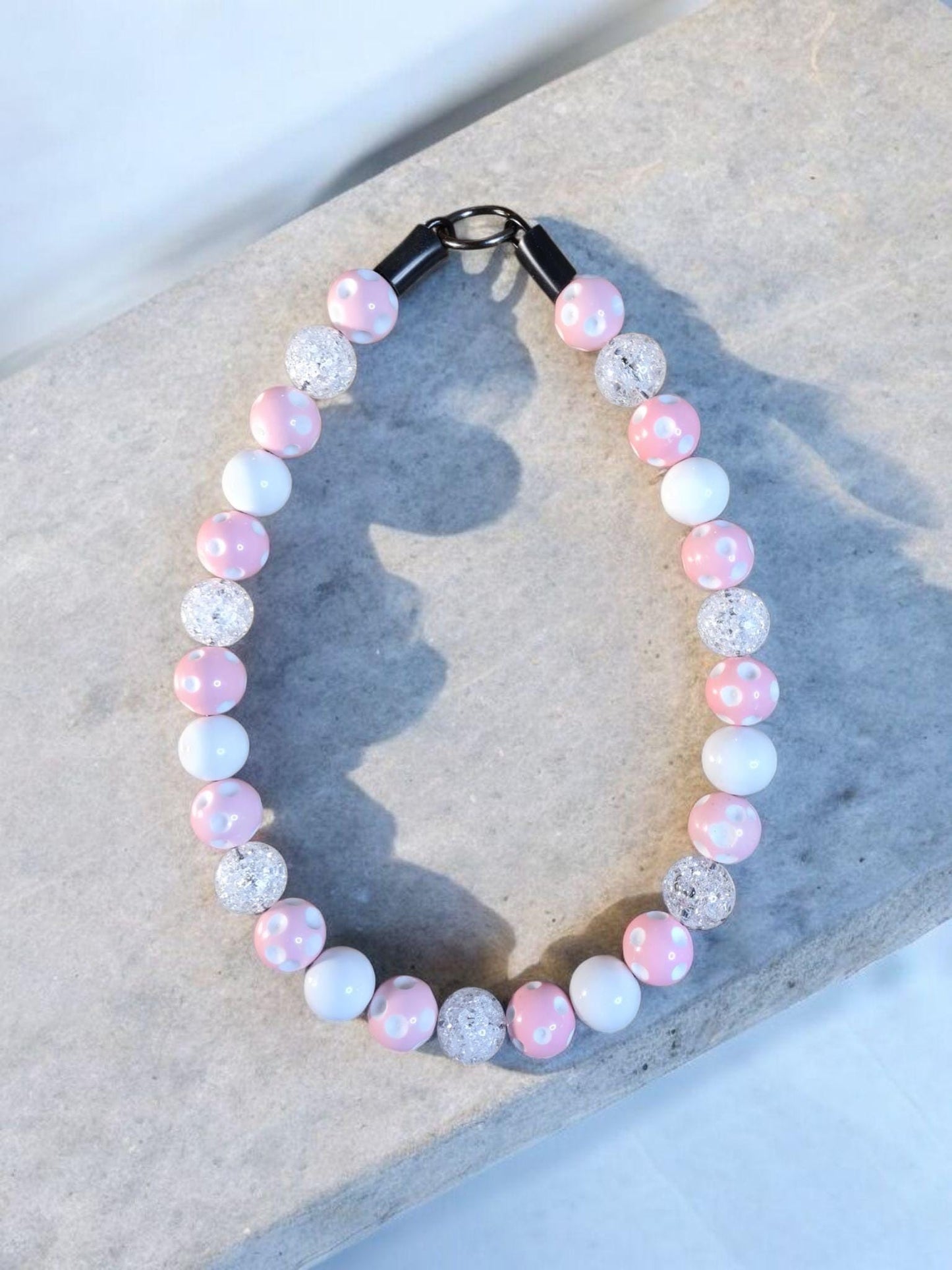 Pink Polka Beaded Dog Collar – Handmade Custom Dog Necklace – Cute Polka Dot Pet Accessory for Small to Large Dogs