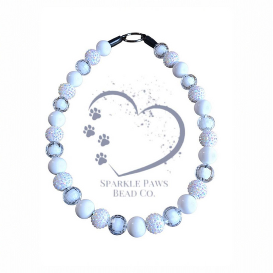 Aura White Beaded Dog Collar – Iridescent Handmade Pet Necklace – Sparkly Custom Collar for Small to Large Dogs