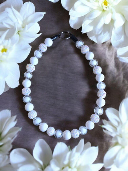 Aura White Beaded Dog Collar – Iridescent Handmade Pet Necklace – Sparkly Custom Collar for Small to Large Dogs