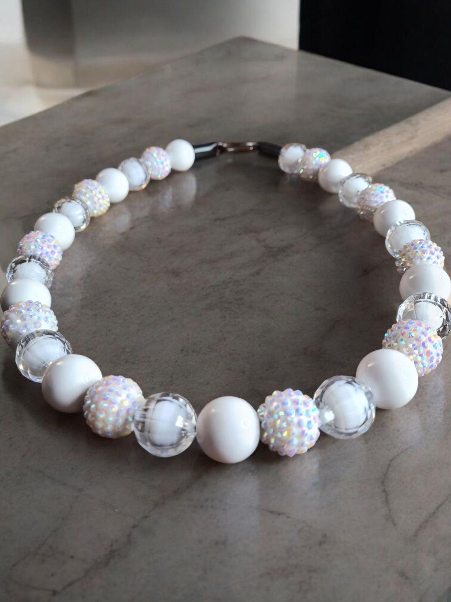 Aura White Beaded Dog Collar – Iridescent Handmade Pet Necklace – Sparkly Custom Collar for Small to Large Dogs