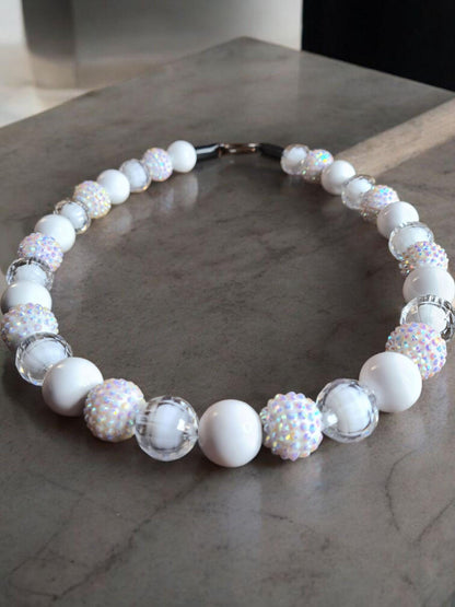 Aura White Beaded Dog Collar – Iridescent Handmade Pet Necklace – Sparkly Custom Collar for Small to Large Dogs