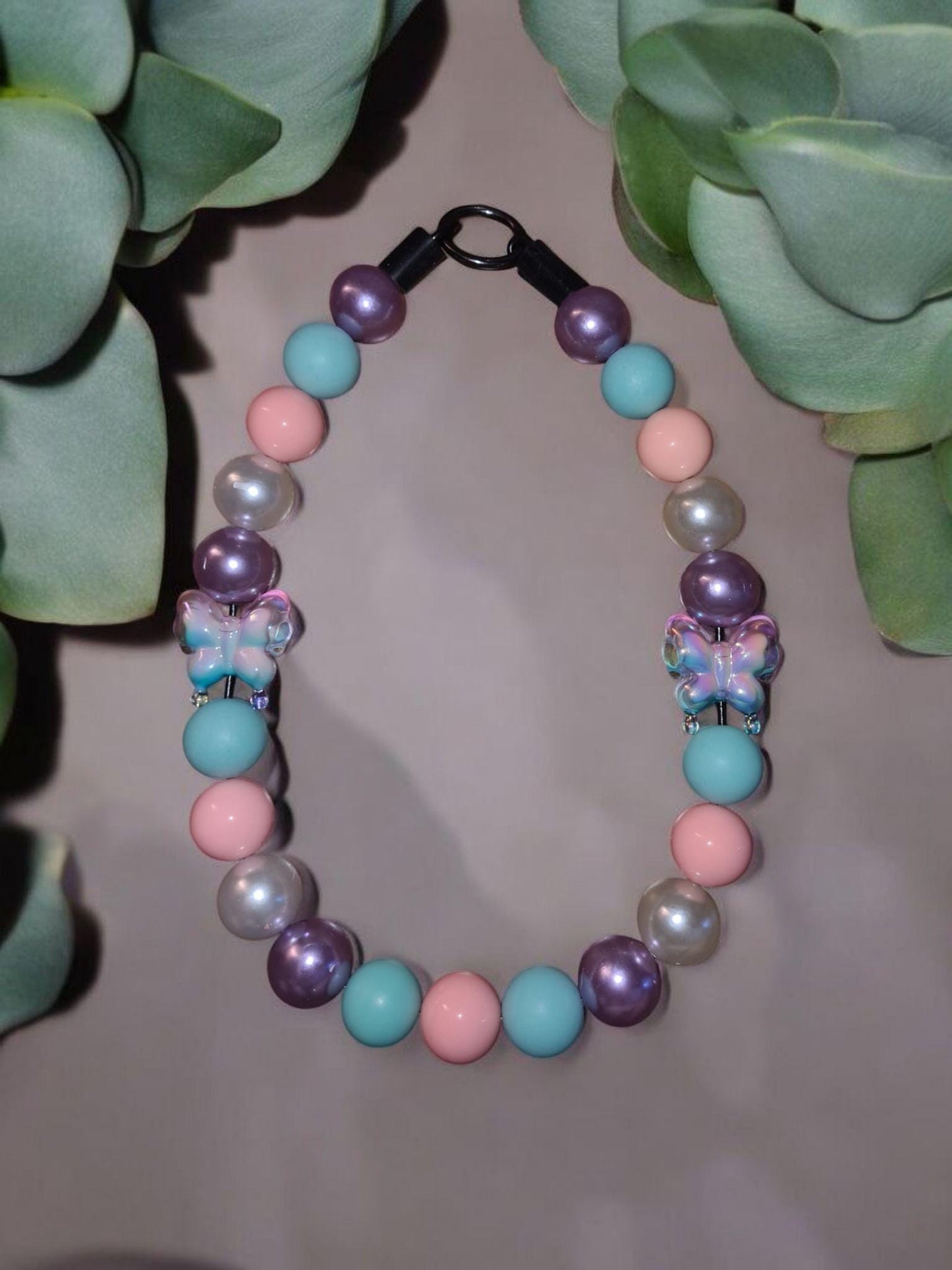 Flutterpop Beaded Dog Collar – Handmade Pastel Butterfly Dog Necklace – Pearl Pet Accessory for Small to Large Dogs - Beaded Dog Collar