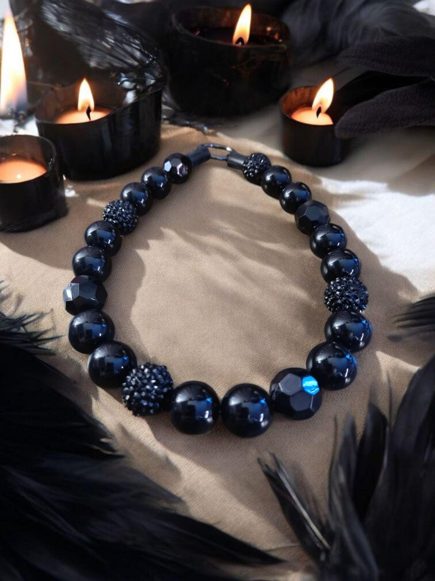 Onyx Beaded Dog Collar – Handmade All Black Dog Necklace – Custom Monochrome Pet Accessory for Small to Large Dogs - Beaded Dog Collar