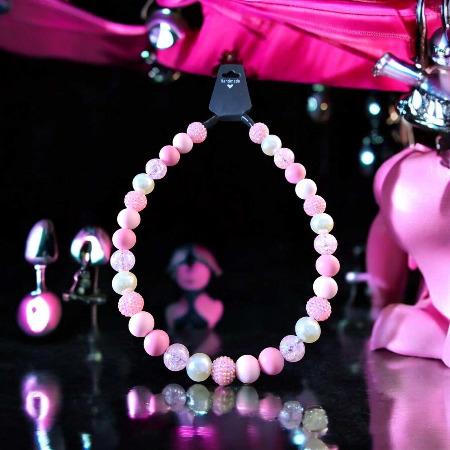 Princess Beaded Dog Collar – Handmade Pastel Pink Dog Necklace – Pearl & Sparkle Pet Accessory for Small to Large Dogs, Beaded Dog Collar