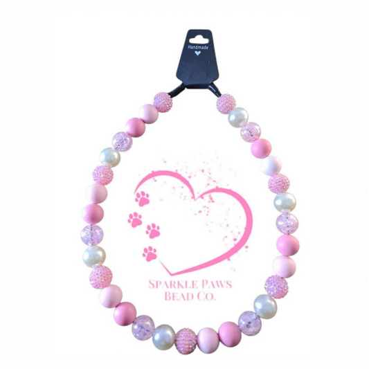 Princess Beaded Dog Collar – Handmade Pastel Pink Dog Necklace – Pearl & Sparkle Pet Accessory for Small to Large Dogs, Beaded Dog Collar