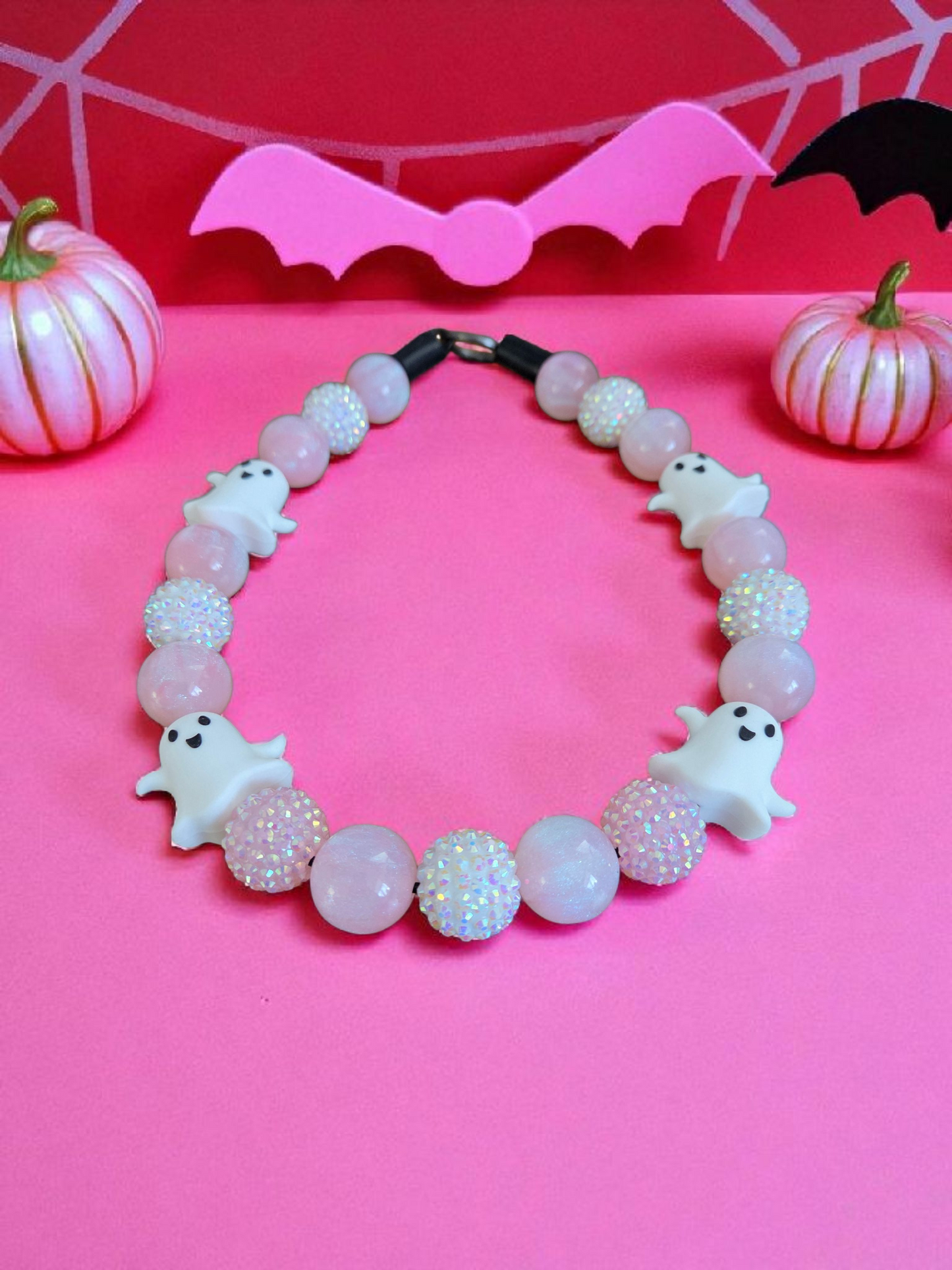 Pink a Boo Halloween Dog Collar – Custom Colours & Beads – Handmade Pet Necklace – Custom Collar for All Size Dogs