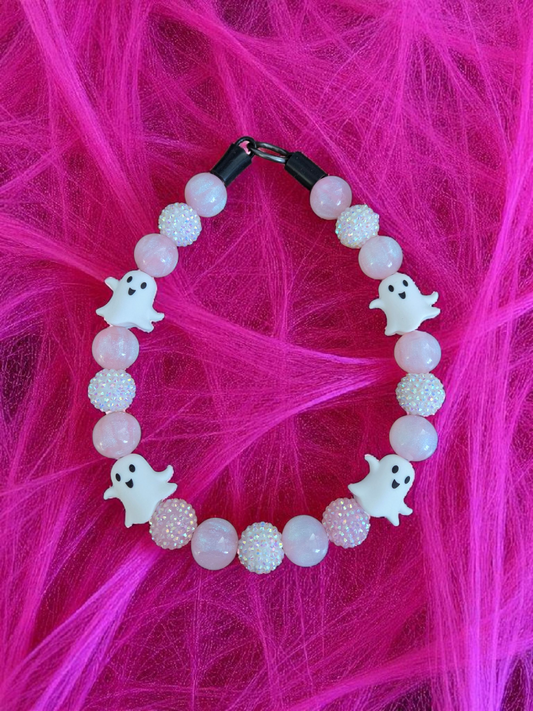 Pink a Boo Halloween Dog Collar – Custom Colours & Beads – Handmade Pet Necklace – Custom Collar for All Size Dogs