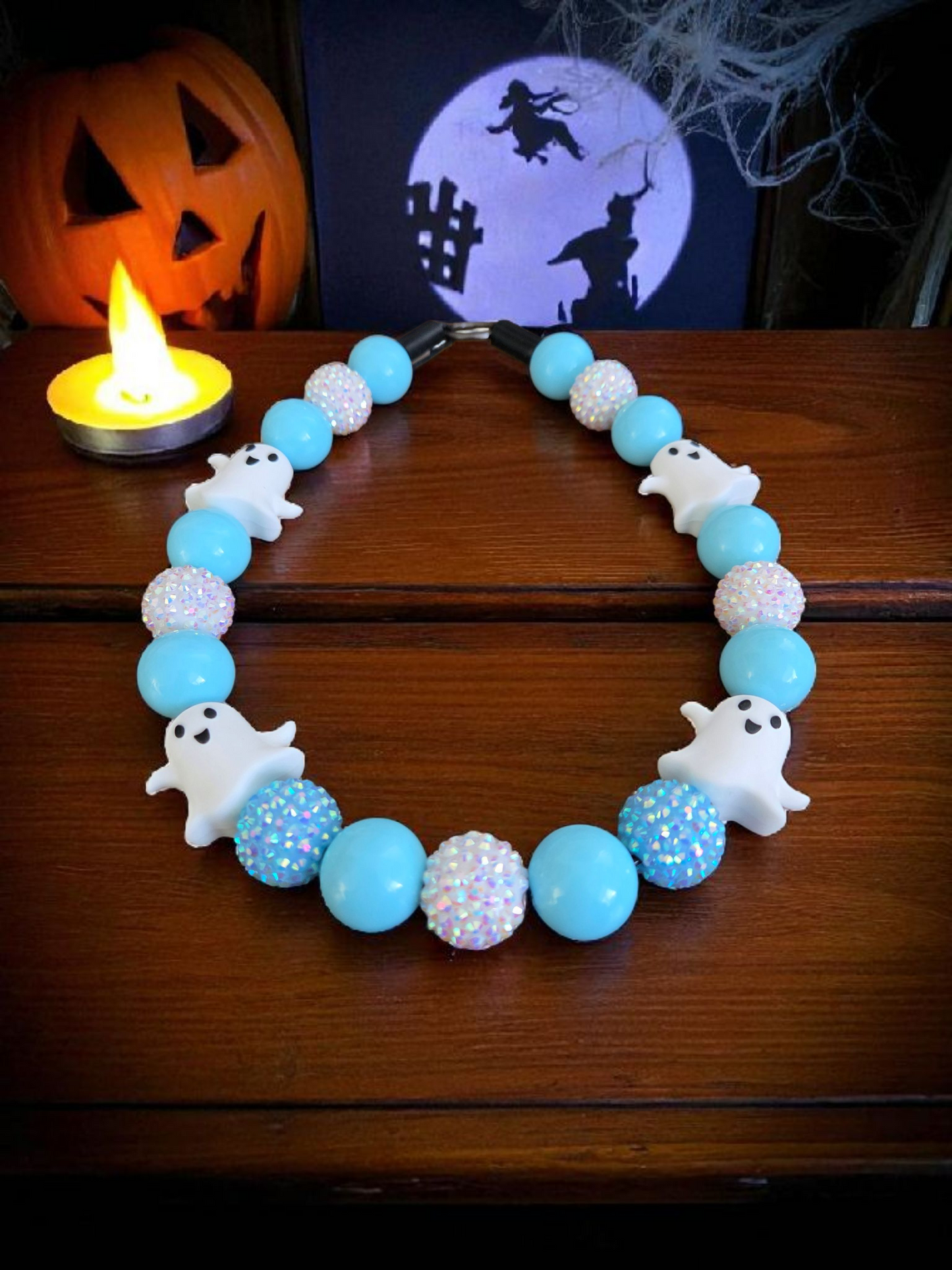 Bootiful Blue Halloween Dog Collar – Custom Colours & Beads – Handmade Pet Necklace – Custom Collar for All Size Dogs