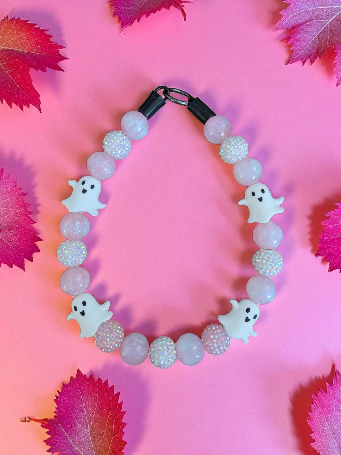 Pink a Boo Halloween Dog Collar – Custom Colours & Beads – Handmade Pet Necklace – Custom Collar for All Size Dogs