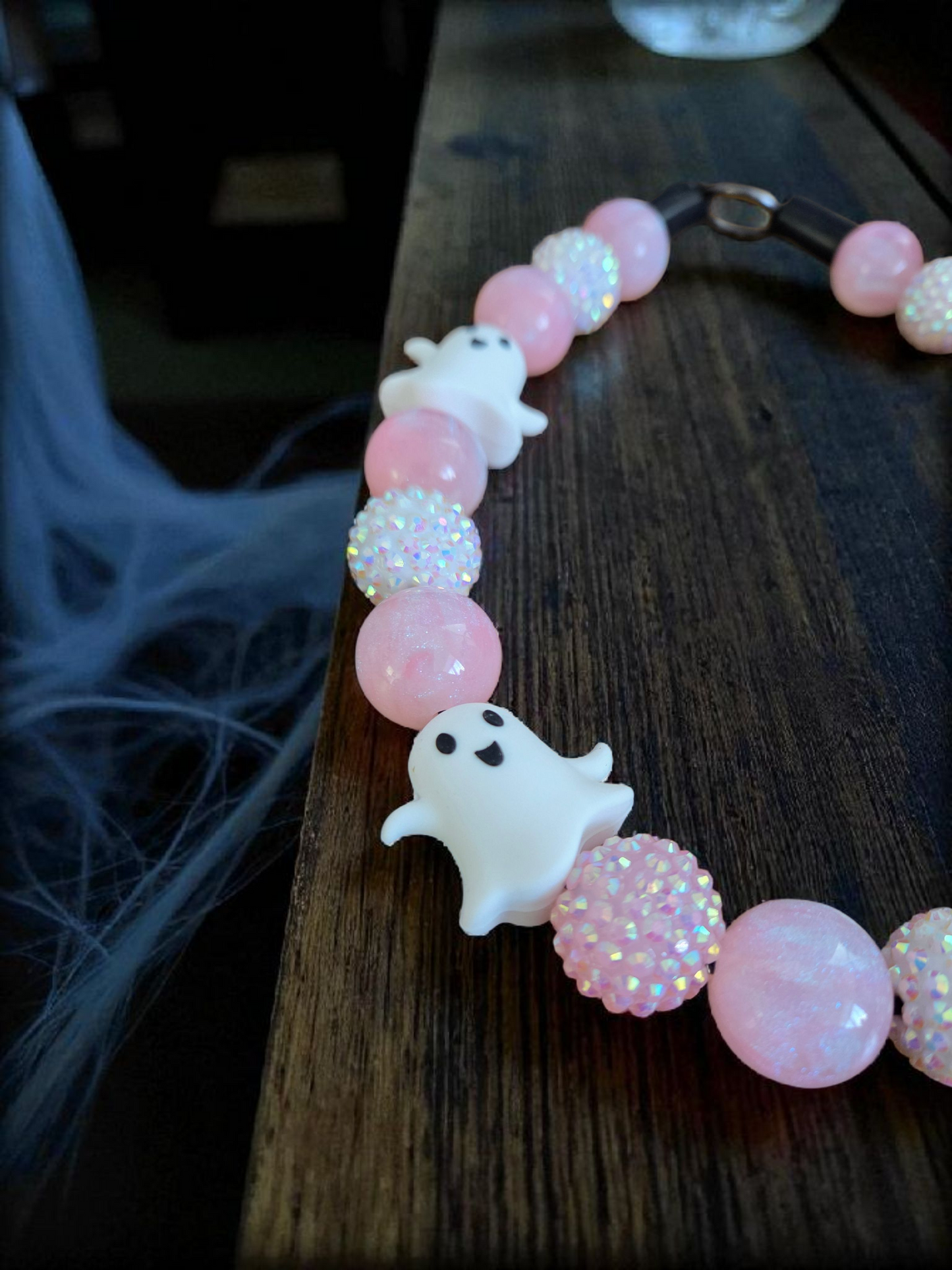 Pink a Boo Halloween Dog Collar – Custom Colours & Beads – Handmade Pet Necklace – Custom Collar for All Size Dogs